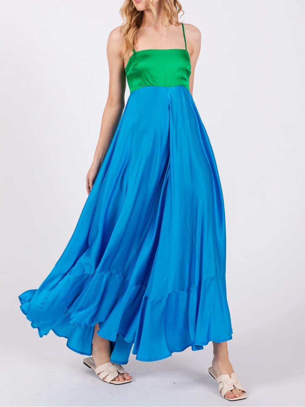 Olivaceous Green Bodice Blue Pleated Midi Dress